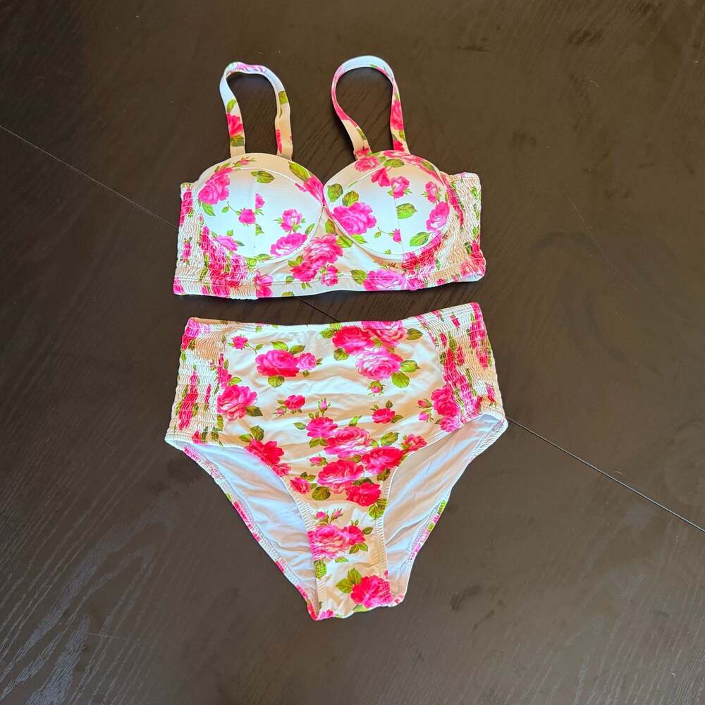 Betsey Johnson Floral Print Smocked Corset Top and High-Waisted Bikini Set